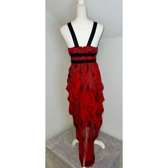100% Silk Low Cut Red Gown Midi Dress Ruffle Hem Women’s XS - Picture 4 of 11